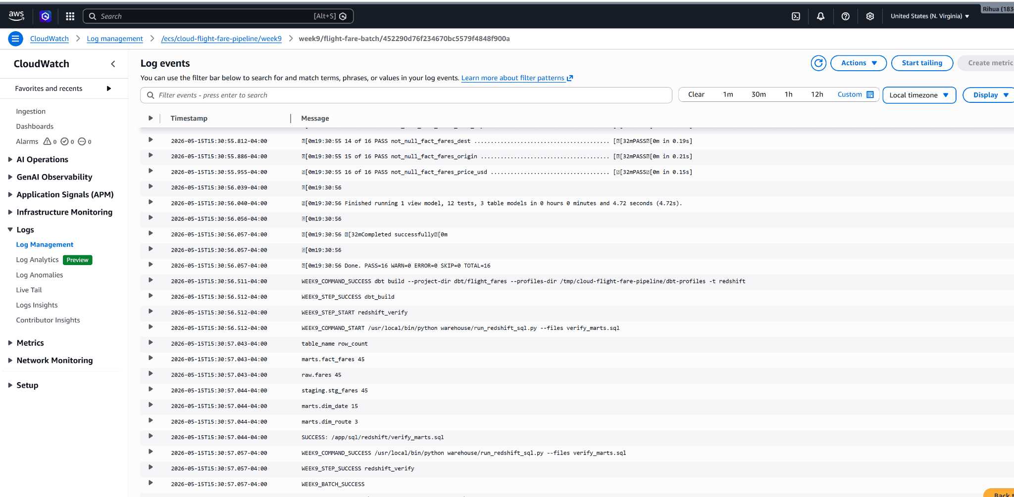 CloudWatch log showing WEEK9_BATCH_SUCCESS for the scheduled AWS run