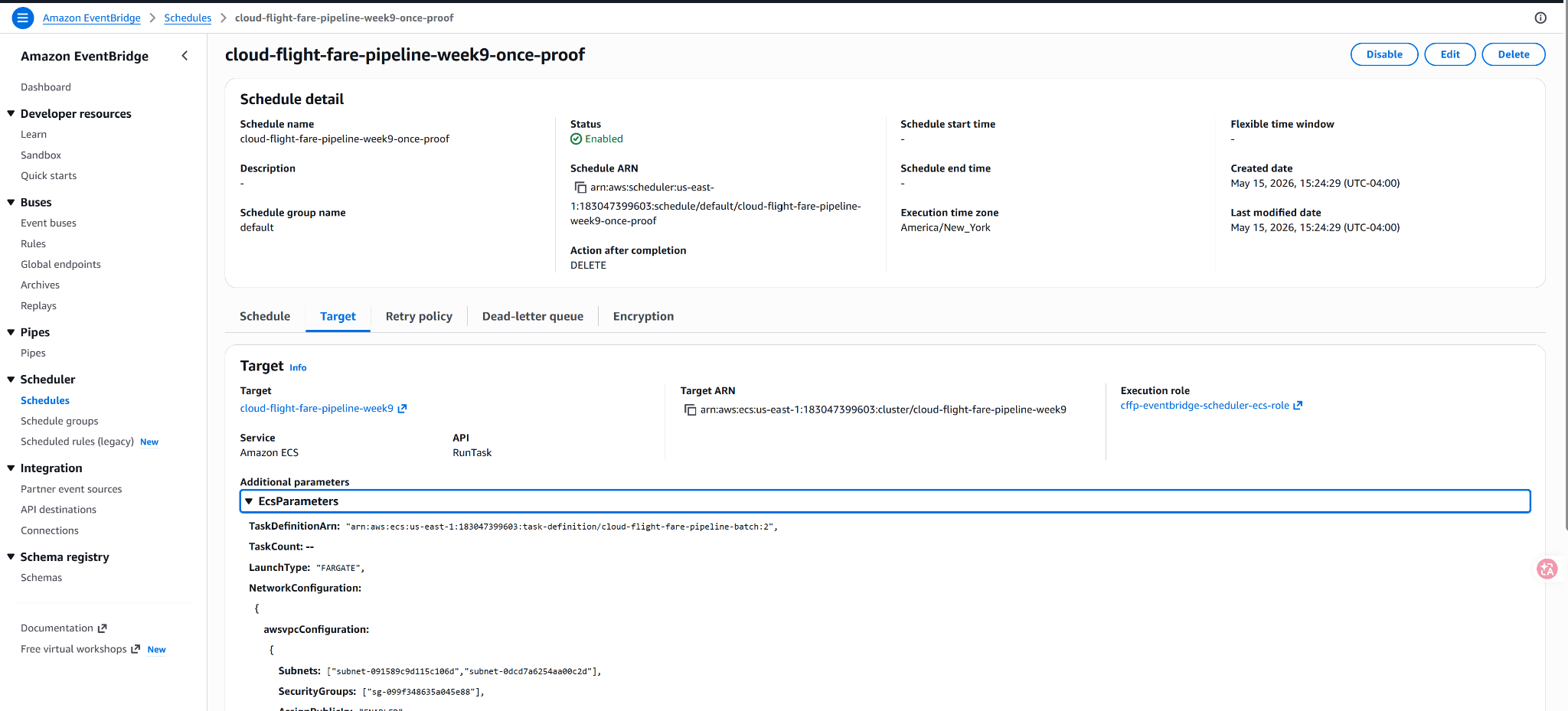 EventBridge Scheduler target configuration for the Cloud Flight Fare Pipeline Fargate job