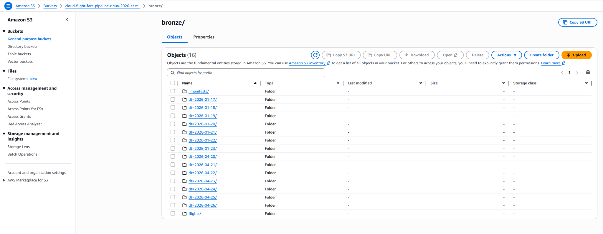 Amazon S3 console showing bronze flight fare snapshots